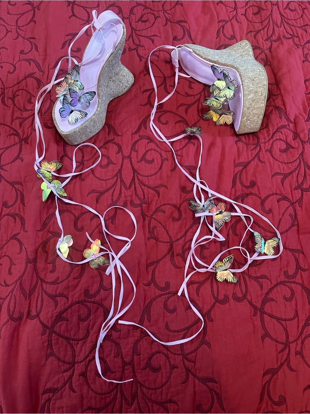 Sugar Thrillz Pink Butterfly Lace-Up Platform Wedges